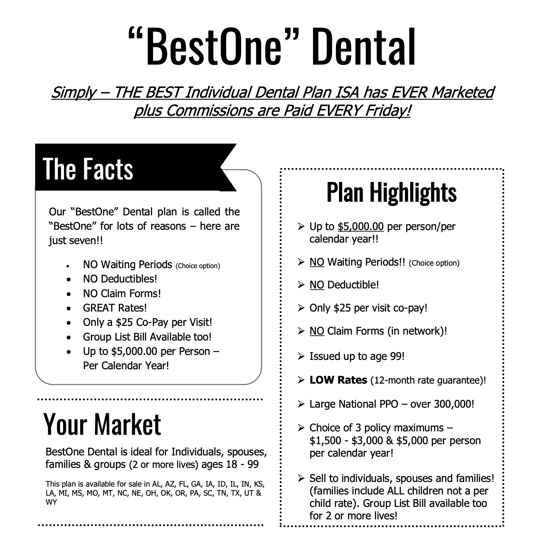 BestOne Dental plan marketing flyer showing features including no waiting periods, no deductibles, $25 co-pay per visit, and up to $5,000 annual coverage